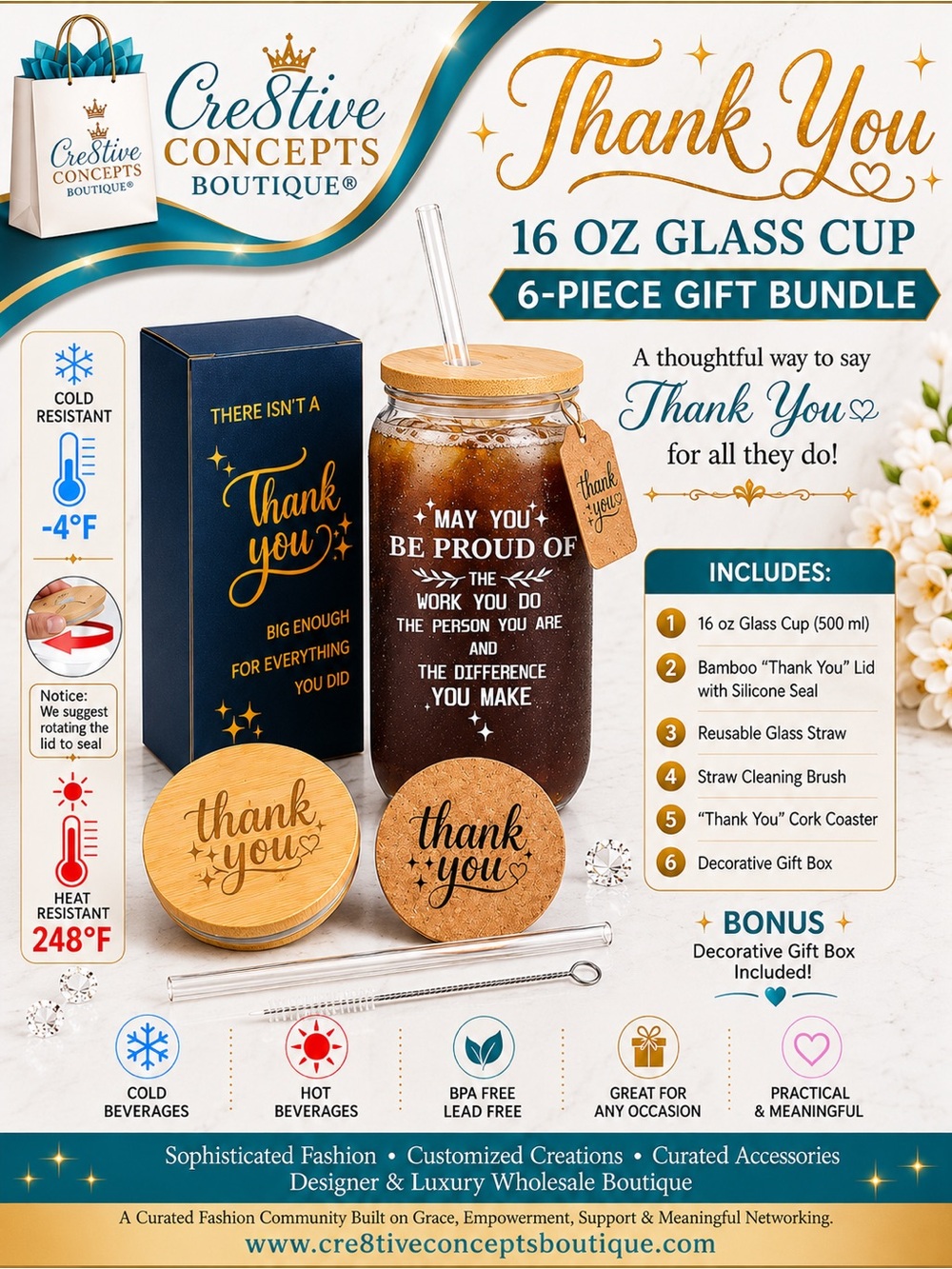 Appreciation 16oz Glass Thank You Cup 6-Piece Gift Bundle Set with Bamboo Lid